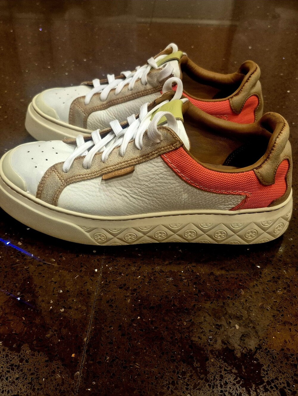 Tory Burch Leather Sneakers in White and Orange-Red with Tan Trim